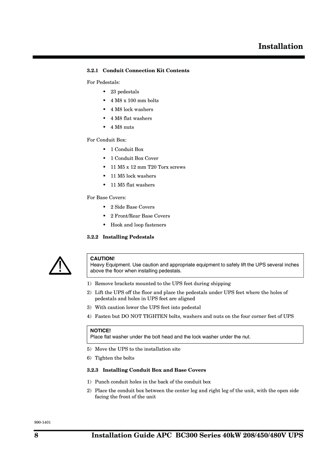 APC BC300 Series manual Conduit Connection Kit Contents, Installing Pedestals, Installing Conduit Box and Base Covers 