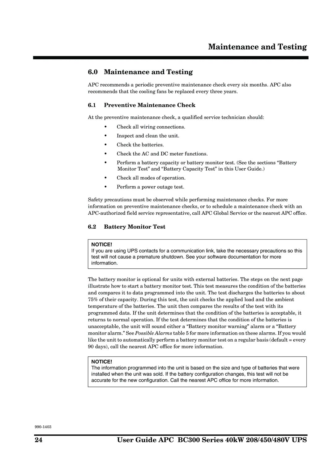 APC BC300 manual Maintenance and Testing, Preventive Maintenance Check, Battery Monitor Test 