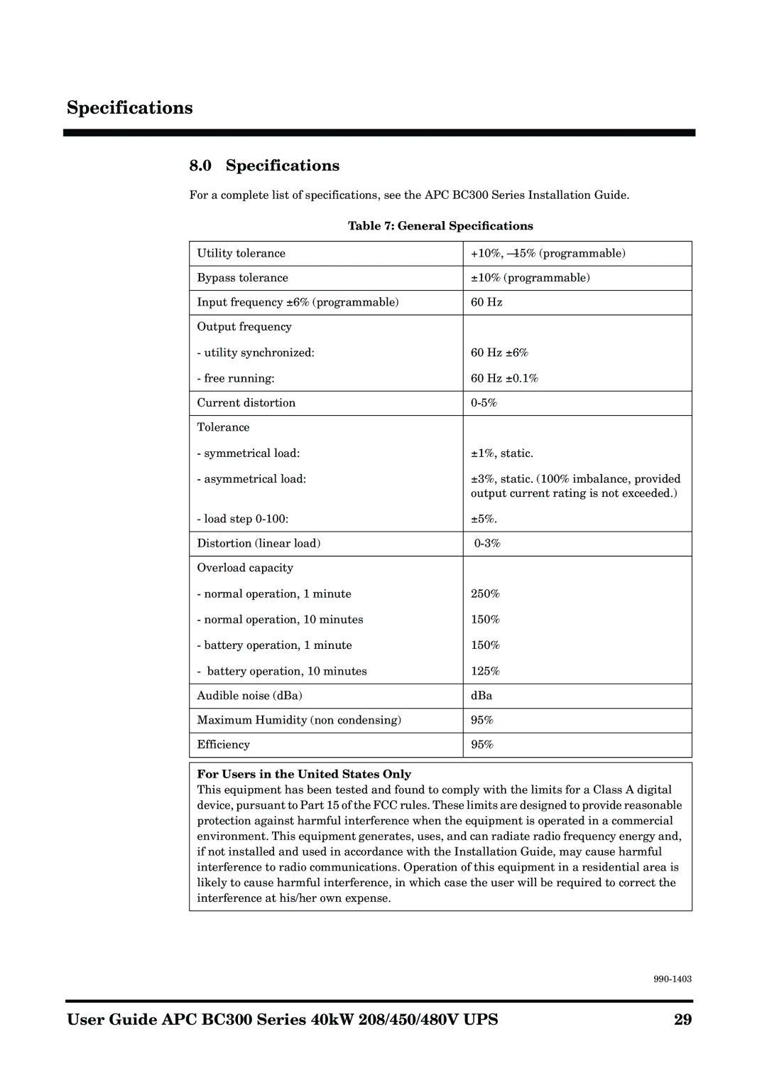 APC BC300 manual Specifications, General Speciﬁcations, For Users in the United States Only 