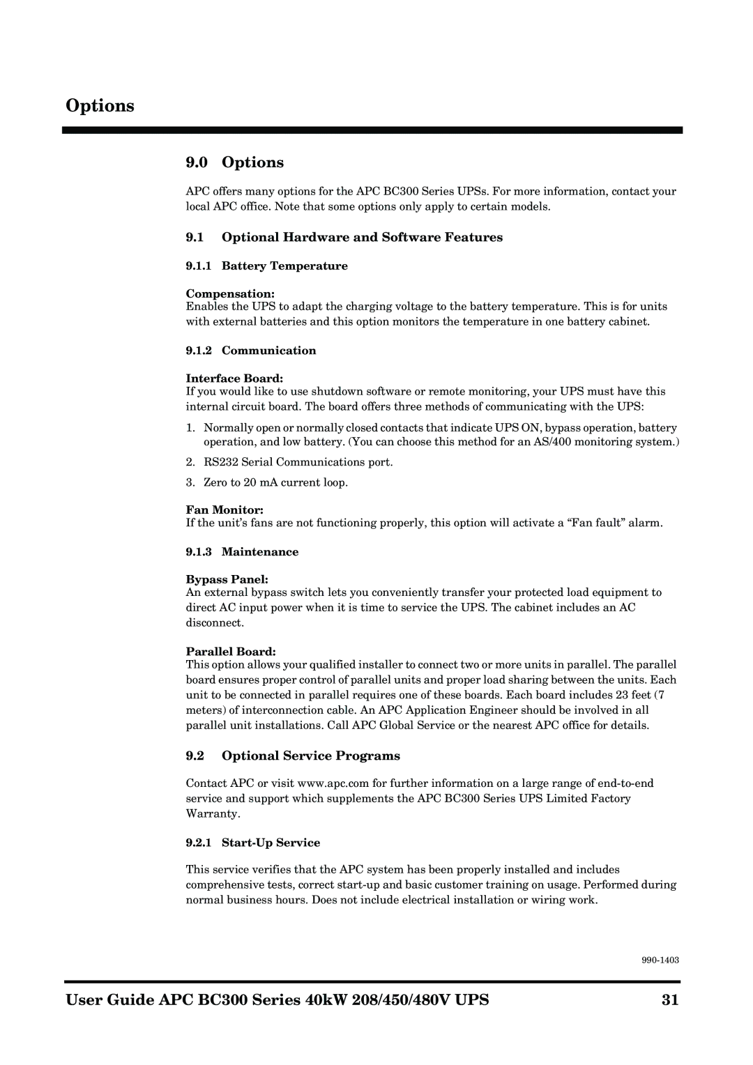 APC BC300 manual Options, Optional Hardware and Software Features, Optional Service Programs 