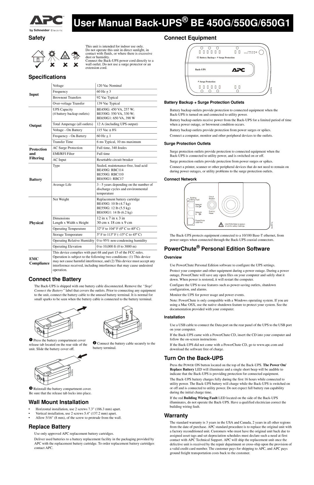 APC BE650G1 user manual Safety, Connect Equipment, Specifications, Connect the Battery, Wall Mount Installation, Warranty 