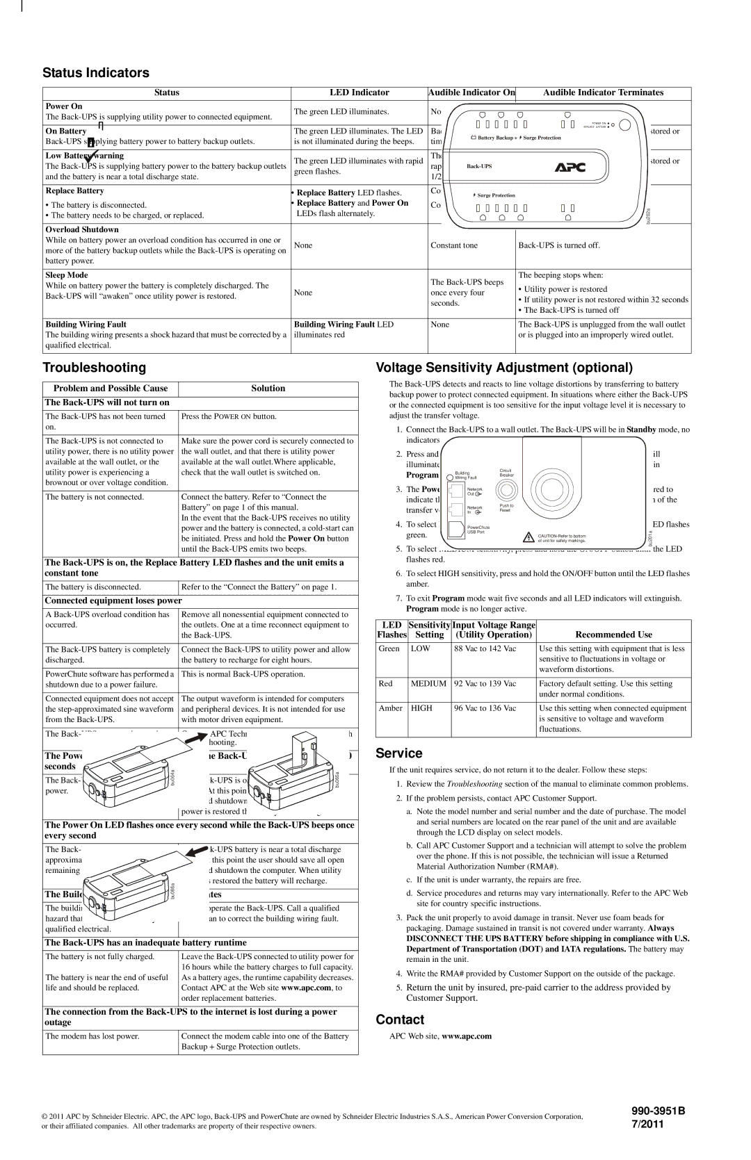 APC BE650G1 user manual Status Indicators, Troubleshooting, Voltage Sensitivity Adjustment optional, Service, Contact 