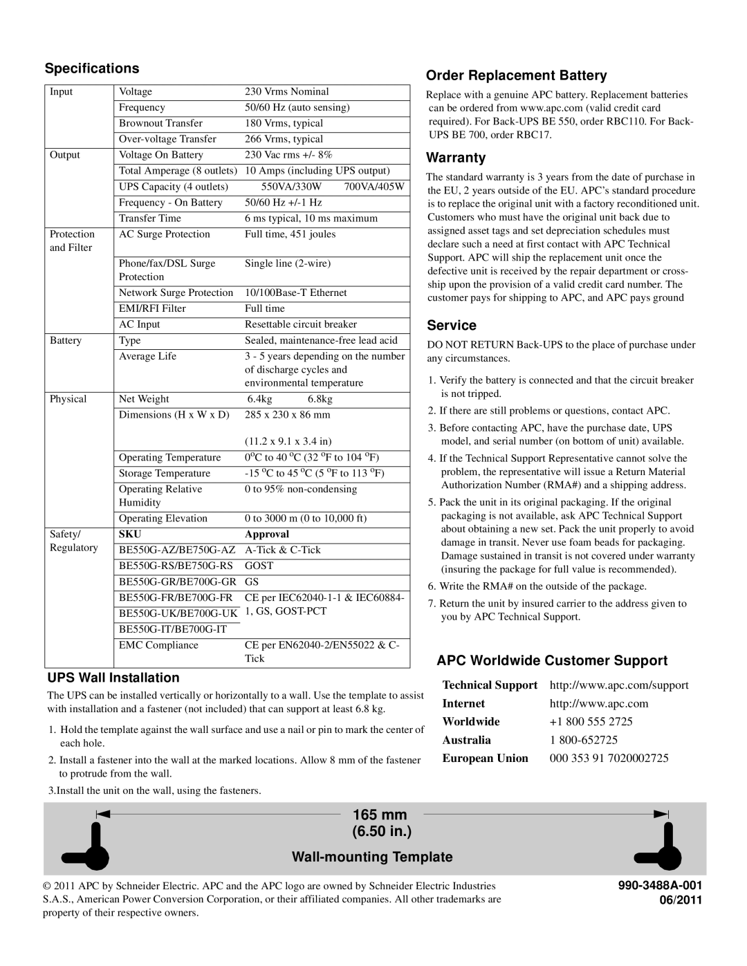 APC BE700G user manual Specifications Order Replacement Battery, Warranty, Service, APC Worldwide Customer Support 