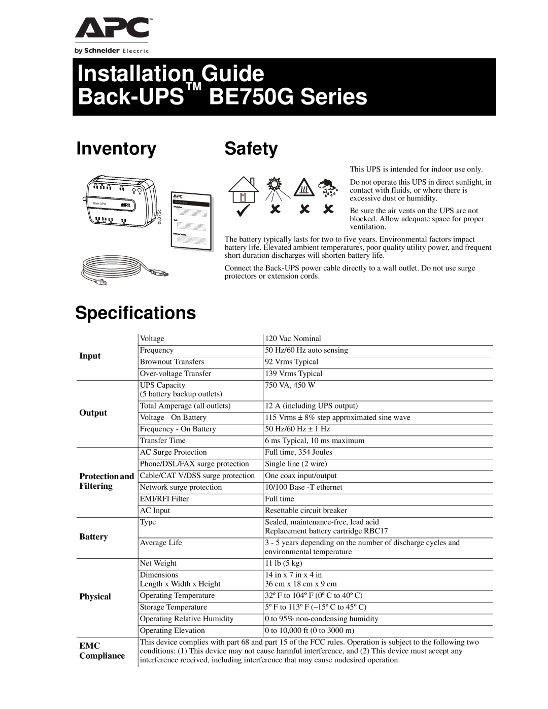 APC BE350G, BE750G specifications Inventory, Safety, Specifications 