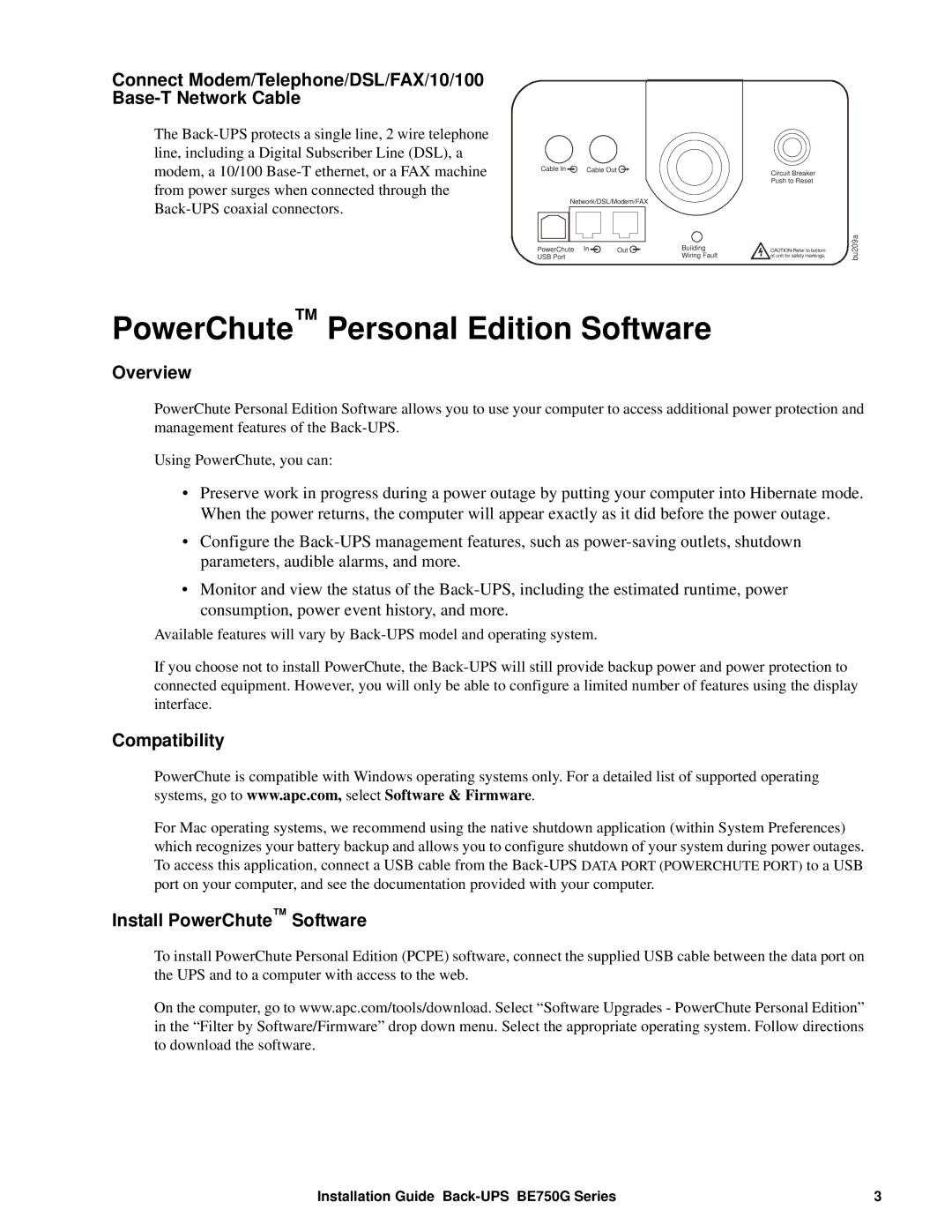 APC BE350G PowerChute Personal Edition Software, Connect Modem/Telephone/DSL/FAX/10/100 Base-T Network Cable, Overview 