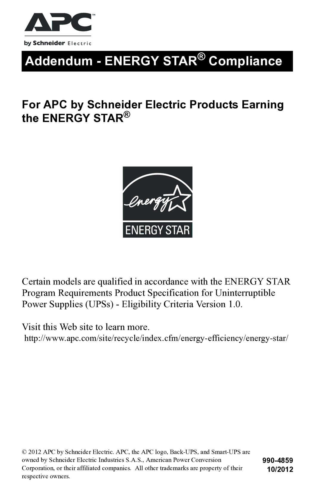 APC BE750G manual Addendum Energy Star Compliance 