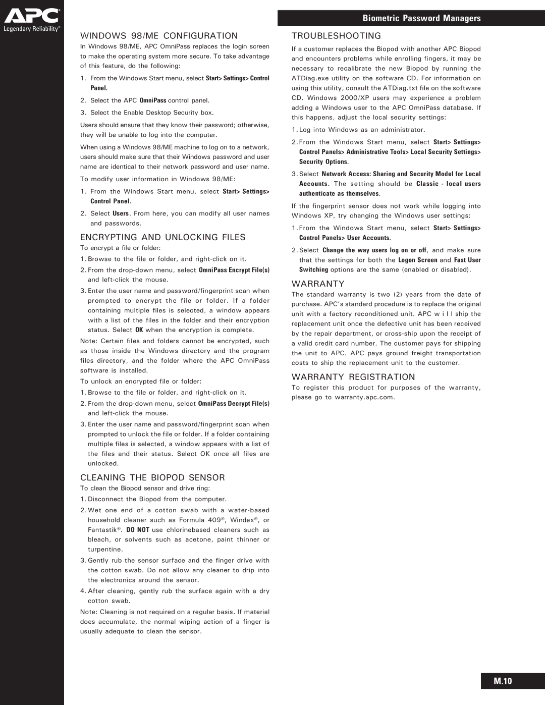 APC BIOM34-EC Windows 98/ME Configuration, Encrypting and Unlocking Files, Cleaning the Biopod Sensor, Troubleshooting 