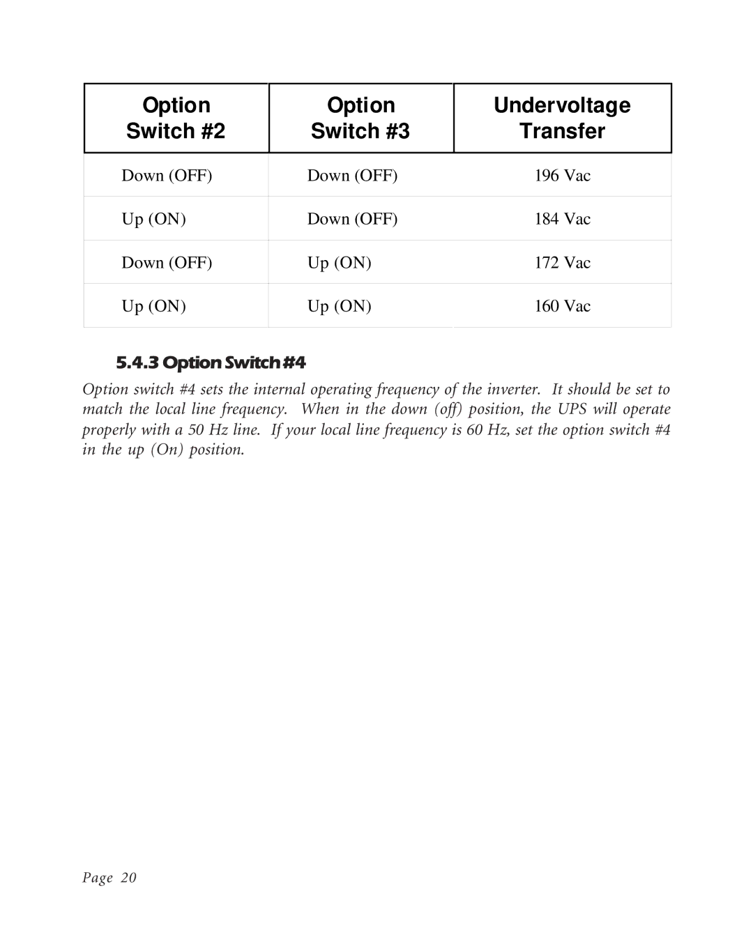 APC BK600EI, BK400EI, BK250EI user manual Option Switch #2 Switch #3 Undervoltage Transfer, Option Switch #4 