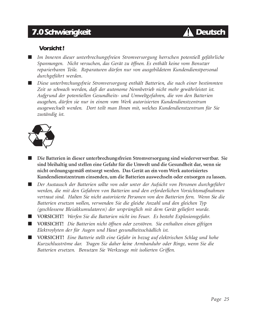 APC BK400EI, BK600EI, BK250EI user manual 0SchwierigkeitDeutsch, Vorsicht 