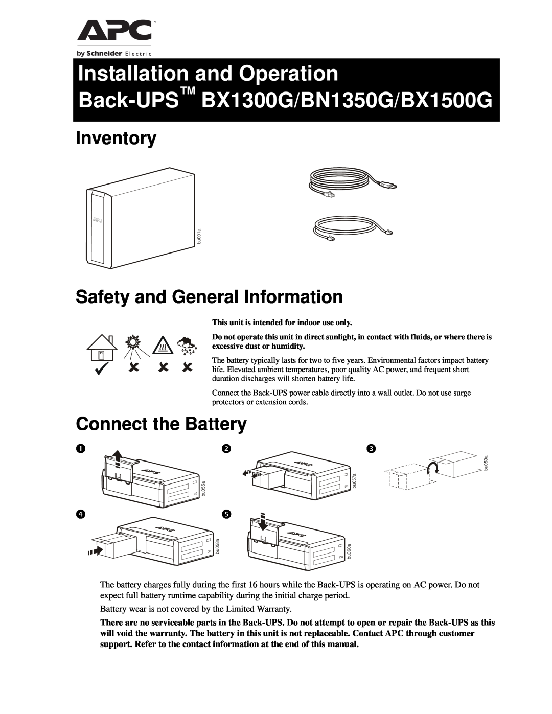 APC BX1300G, BN1350G, BX1500G warranty Inventory, Safety and General Information, Connect the Battery 