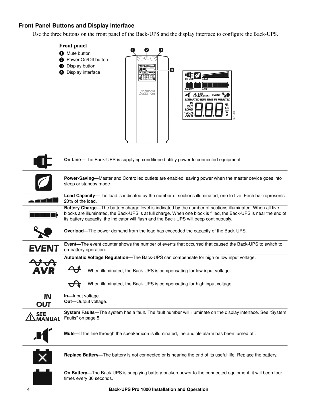 APC BR1000G manual Front Panel Buttons and Display Interface, Front panel 