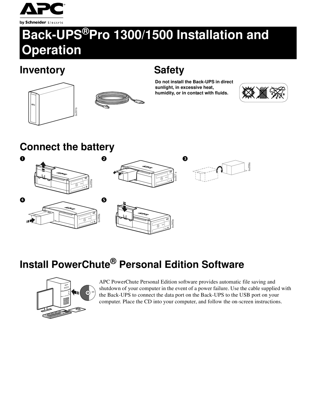 APC BR1500G, BR1300G manual InventorySafety, Connect the battery, Install PowerChute Personal Edition Software 