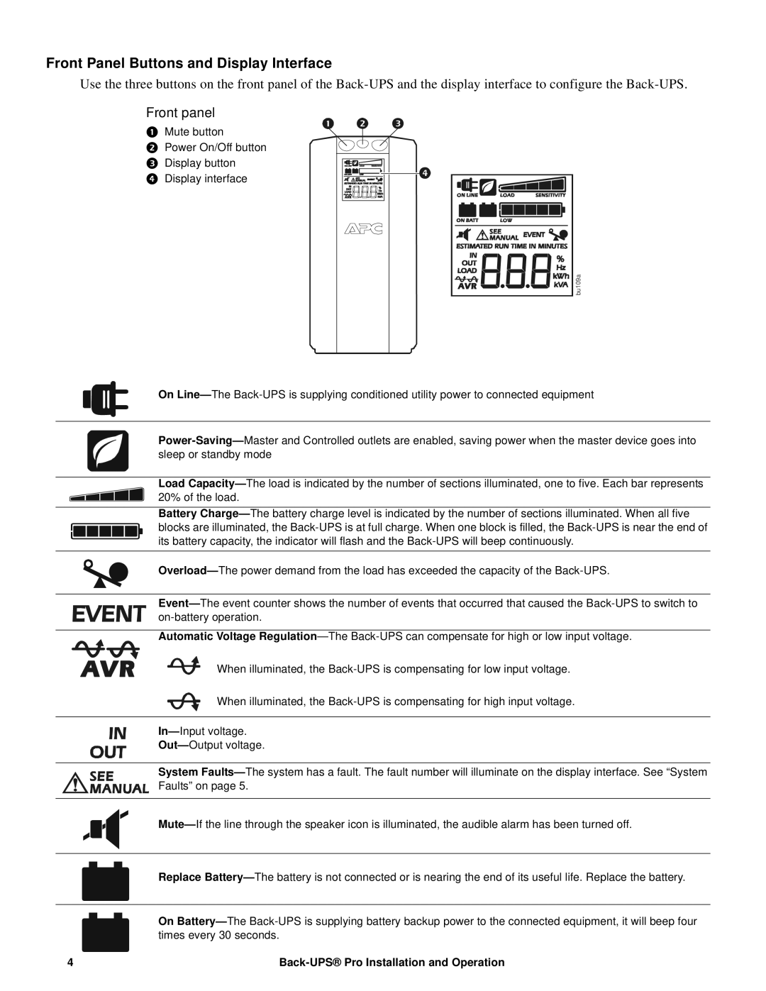 APC BR1500G, BR1300G manual Front Panel Buttons and Display Interface, Front panel 