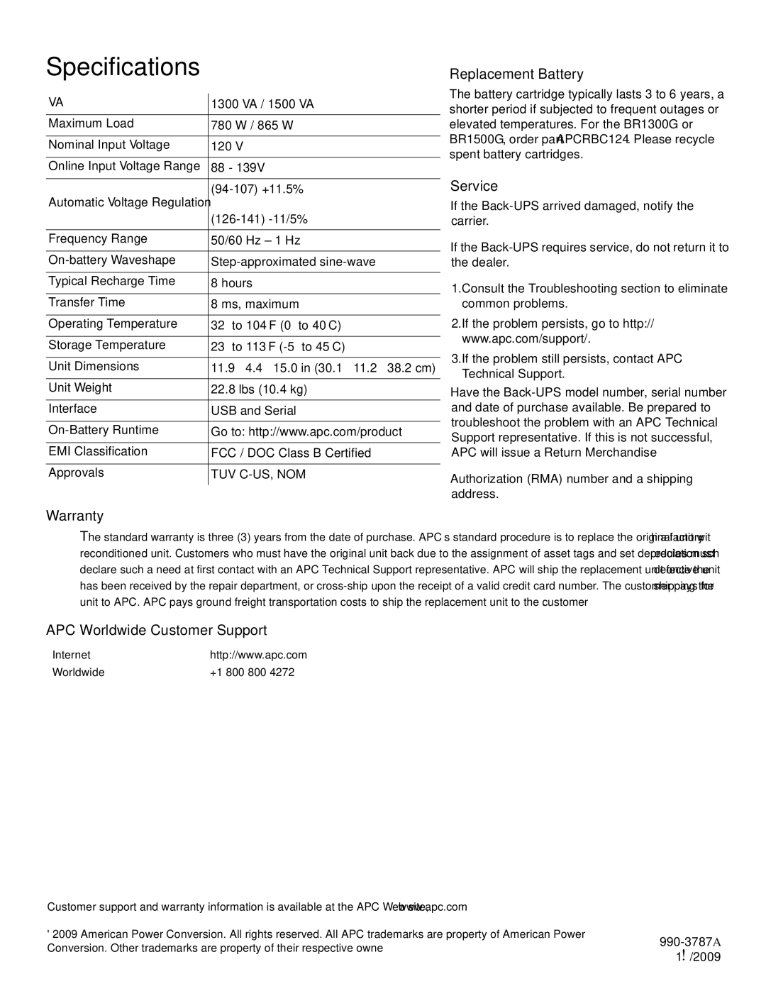 APC BR1300G, BR1500G manual Specifications, Replacement Battery, Service, Warranty, APC Worldwide Customer Support 