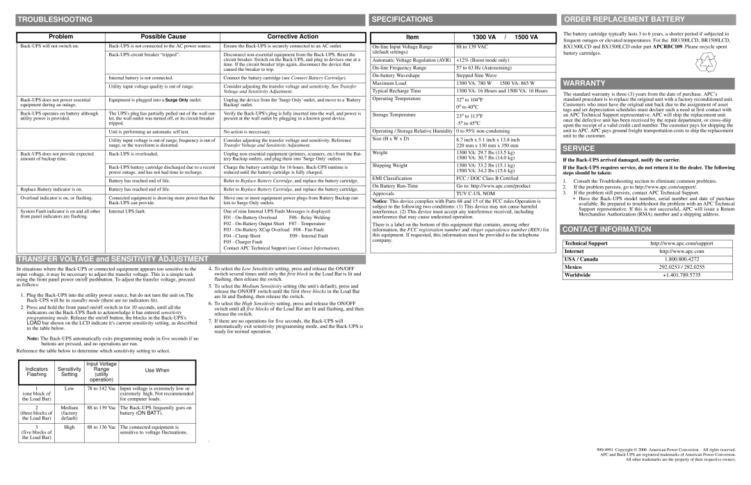 APC BX1500LCD, BR1300LCD Troubleshooting Specifications Order Replacement Battery, Warranty, Service, Contact Information 