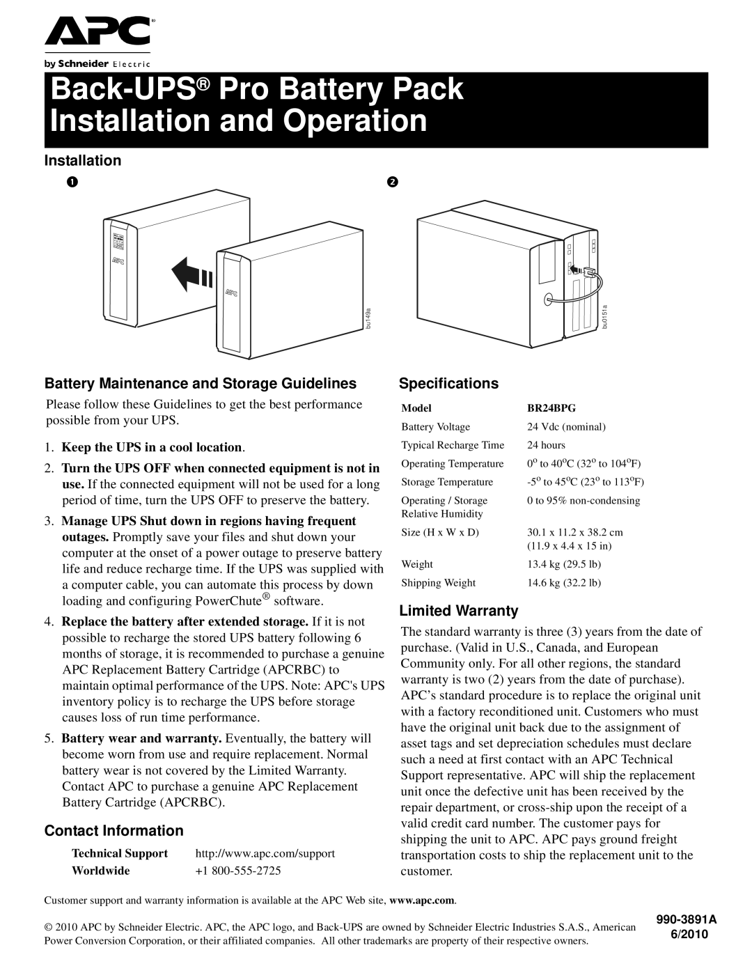 APC 9903891A, BR24BPG specifications Back-UPSPro Battery Pack Installation and Operation 