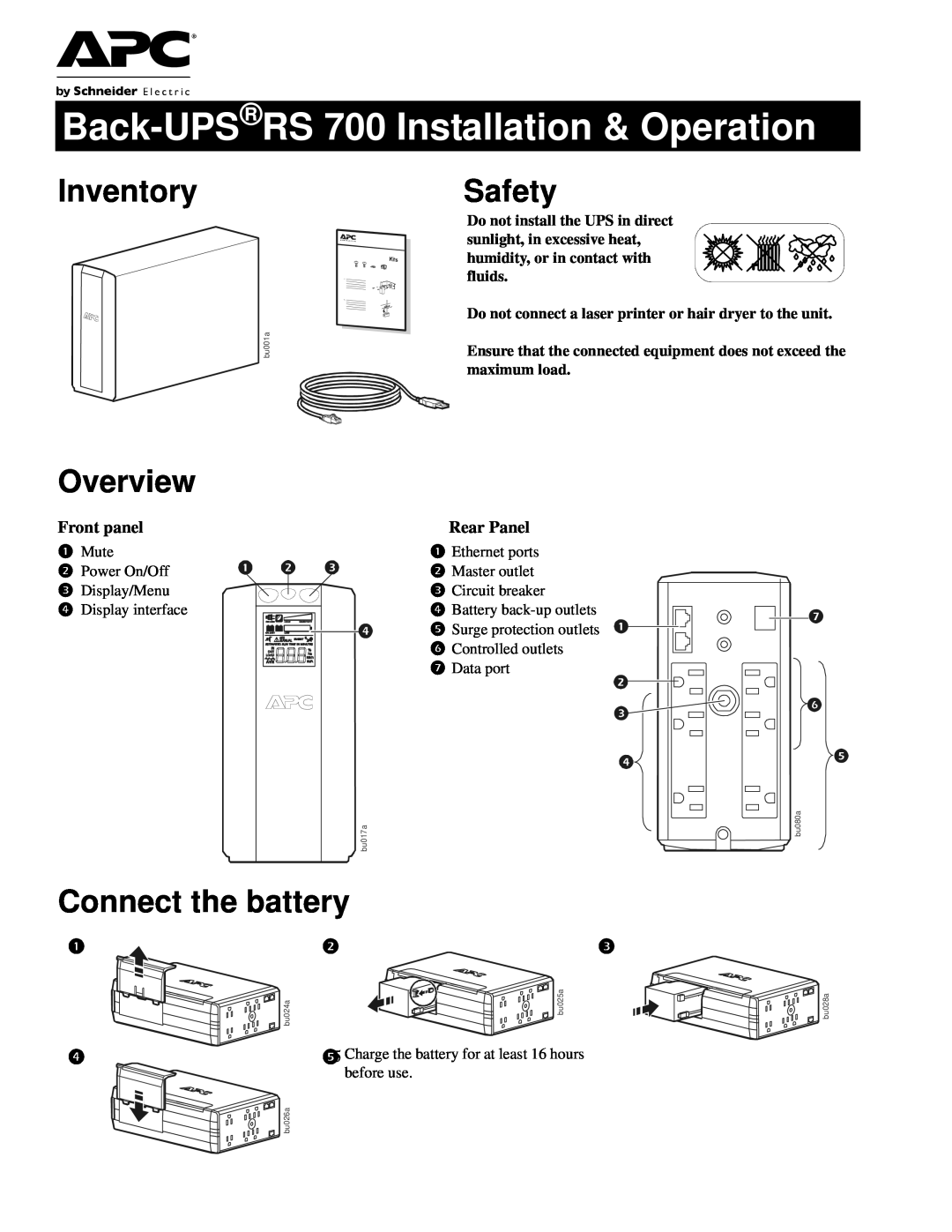 APC RS 700, BR700G manual Inventory, Safety, Overview, Connect the battery, Front panel, Rear Panel 