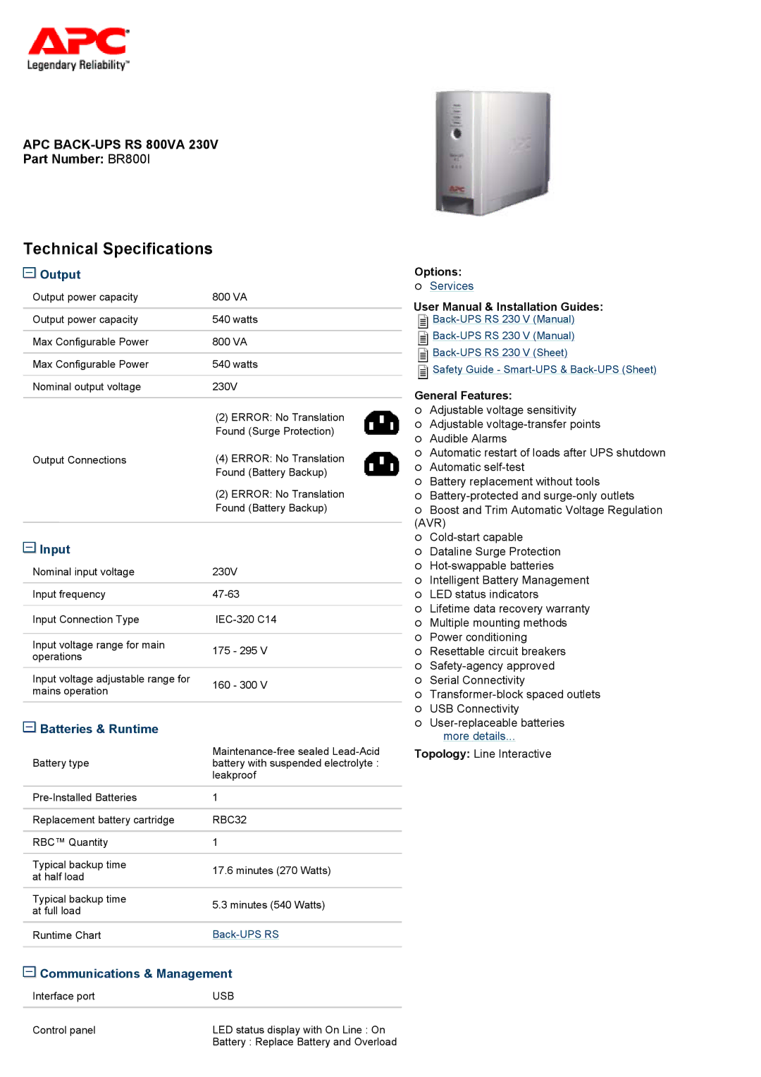 APC BR800I technical specifications Output, Input, Batteries & Runtime, Communications & Management 