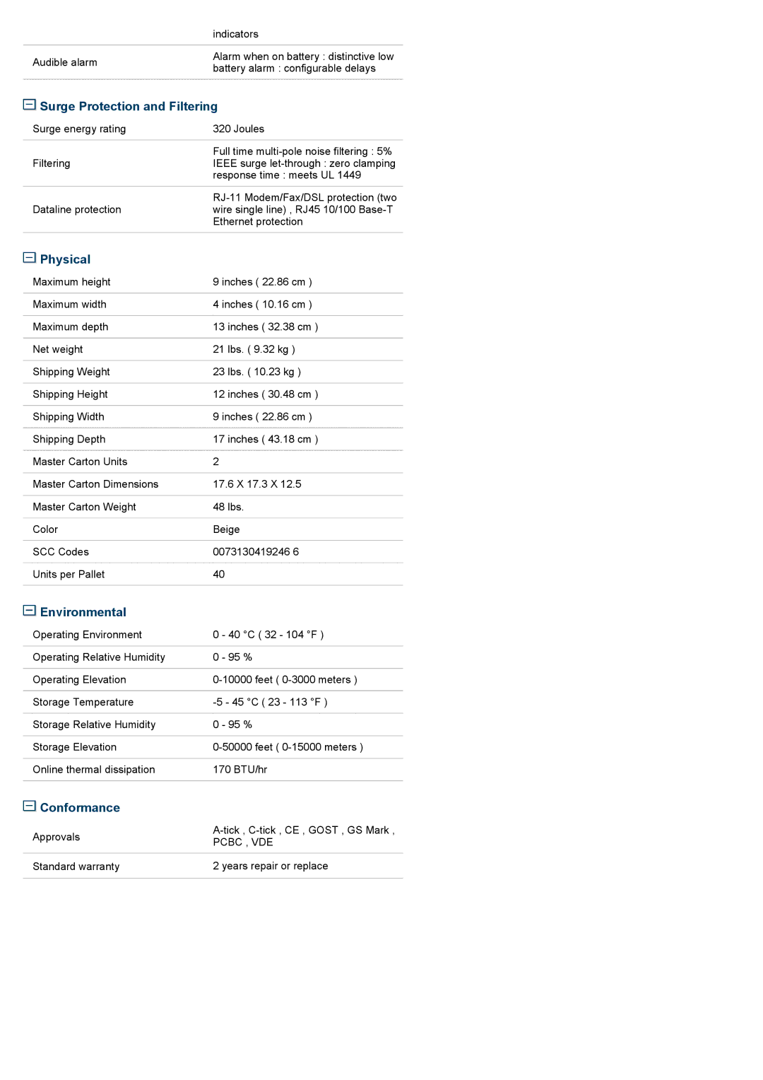 APC BR800I technical specifications Surge Protection and Filtering, Physical, Environmental, Conformance 