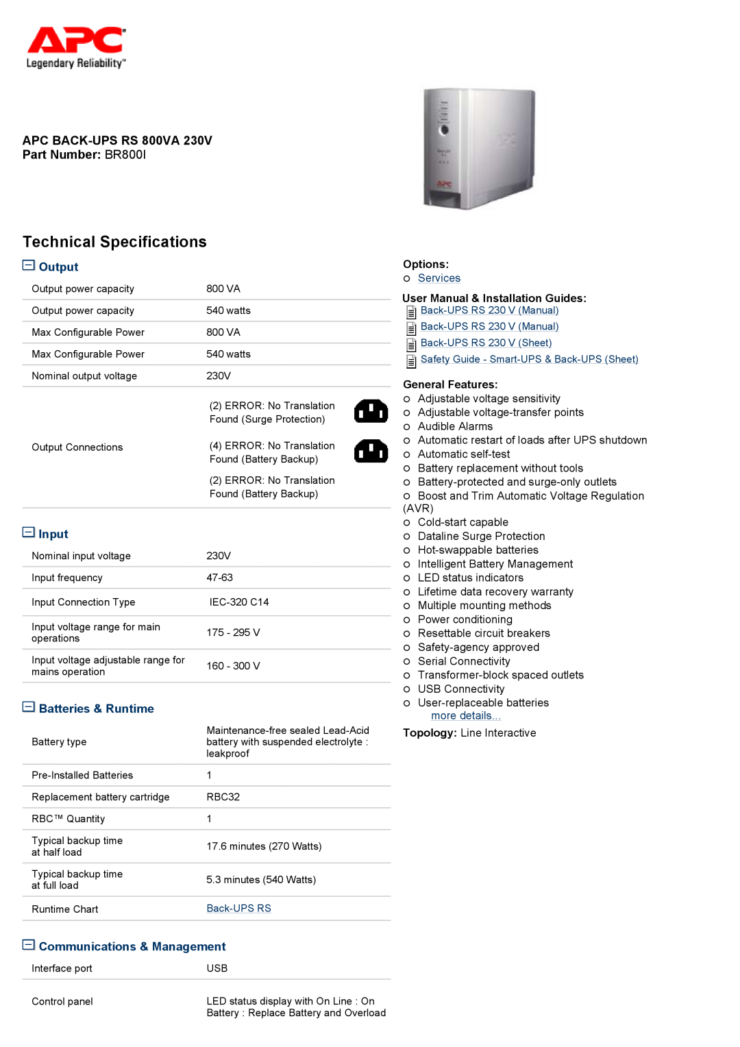 APC BR800I technical specifications Output, Input, Batteries & Runtime, Communications & Management, Options, Services 