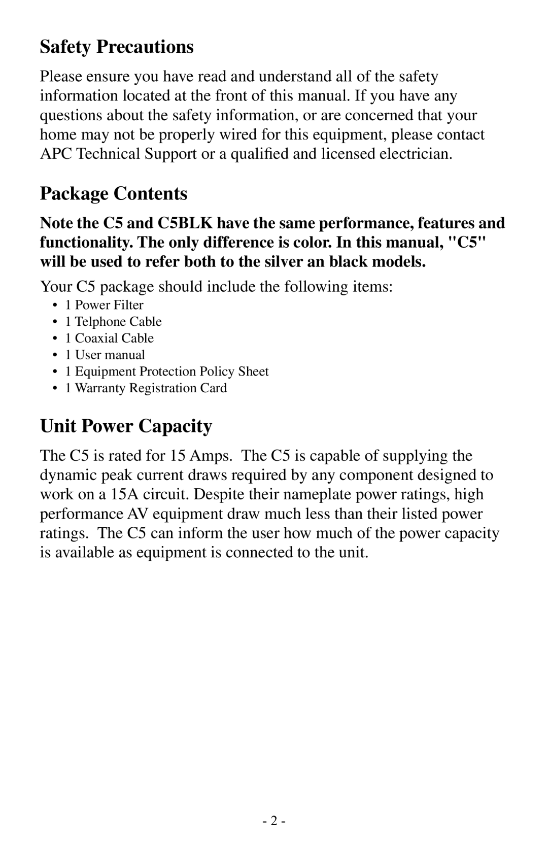 APC C5BLK owner manual Safety Precautions, Package Contents, Unit Power Capacity 