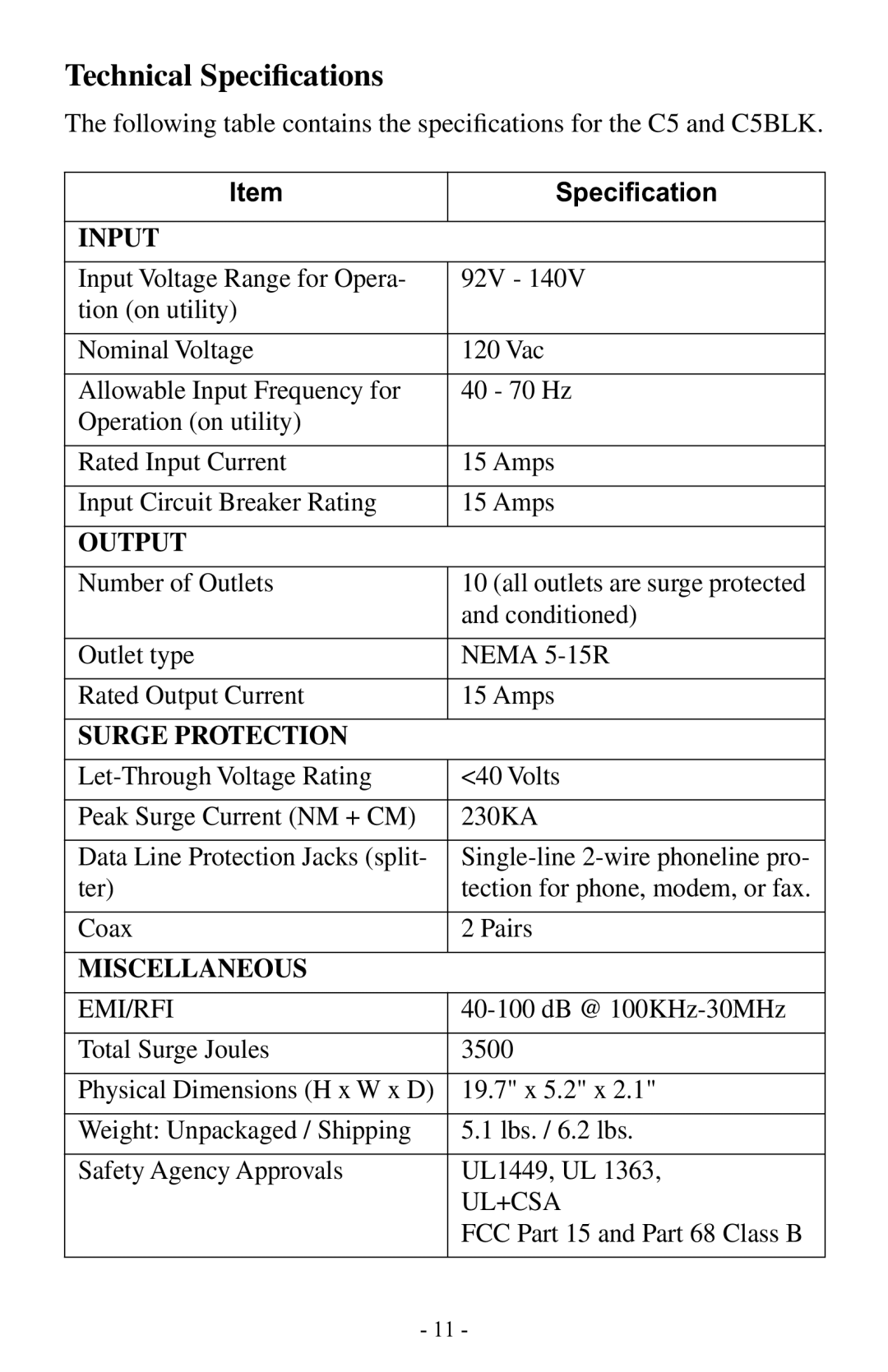 APC C5BLK owner manual Technical Speciﬁcations 