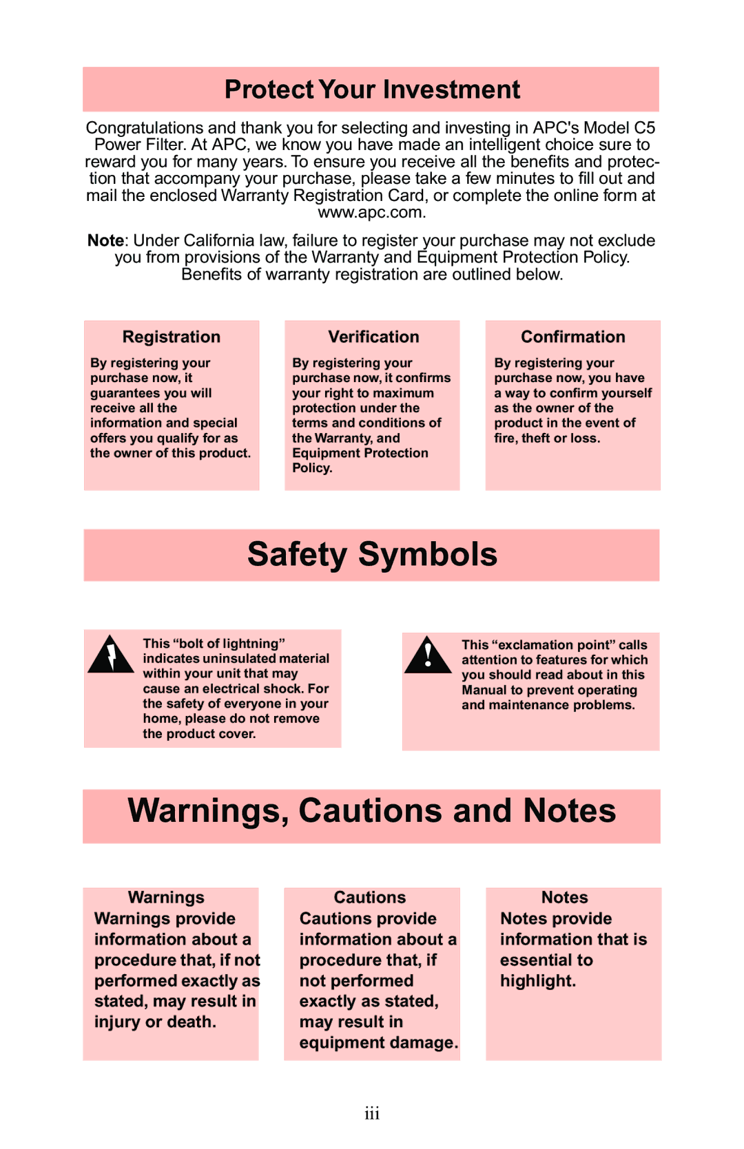 APC C5BLK owner manual Safety Symbols 