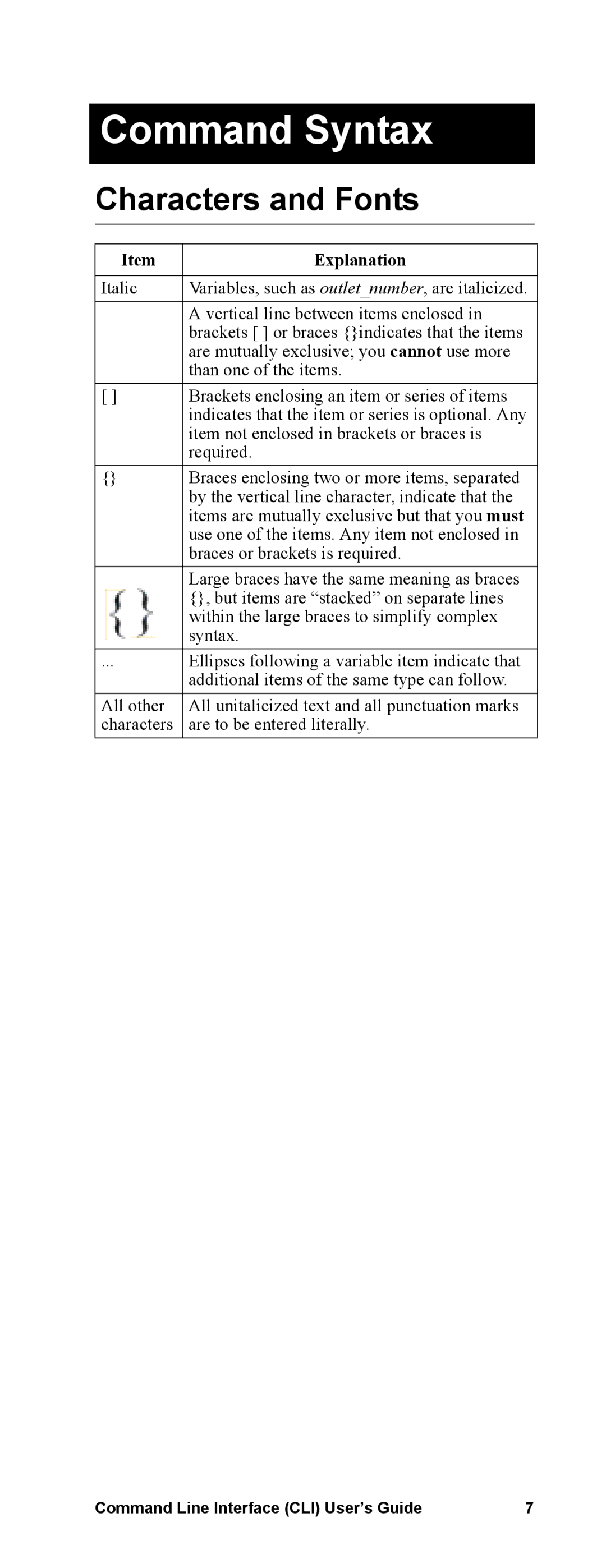 APC Command Line Interface manual Command Syntax, Characters and Fonts 