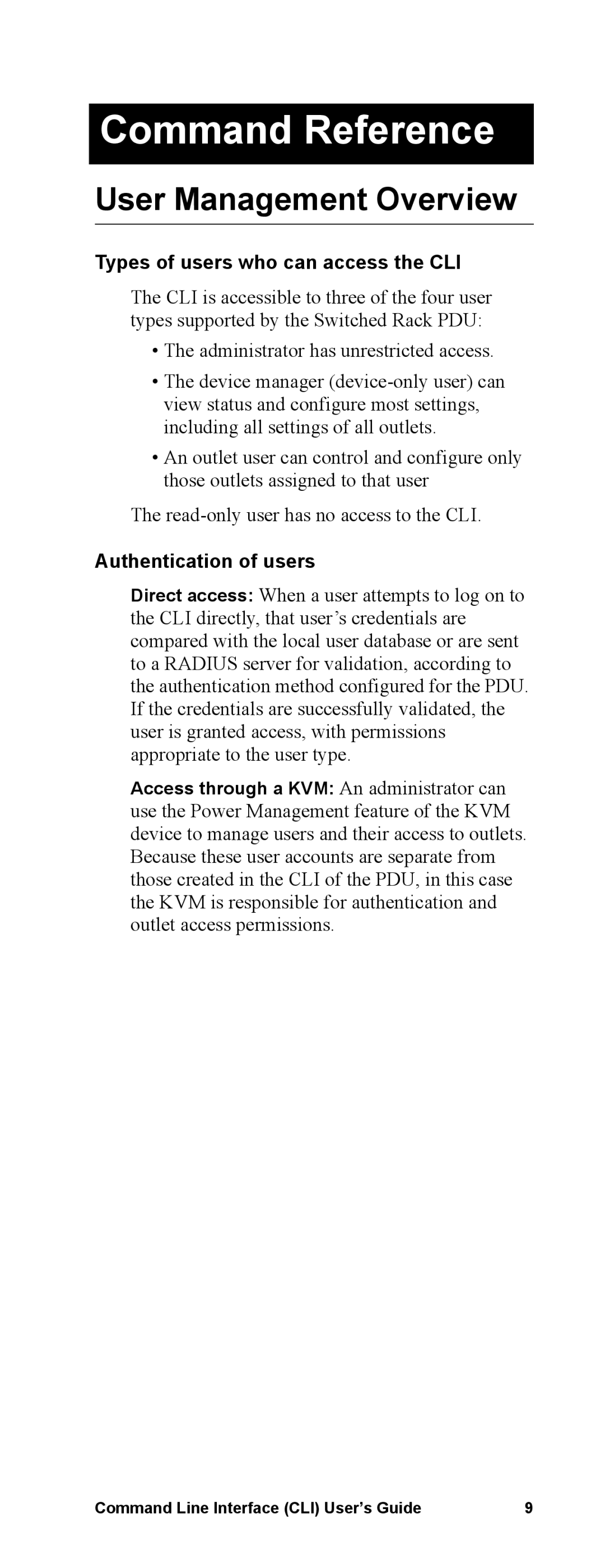 APC Command Line Interface manual Command Reference, User Management Overview, Types of users who can access the CLI 