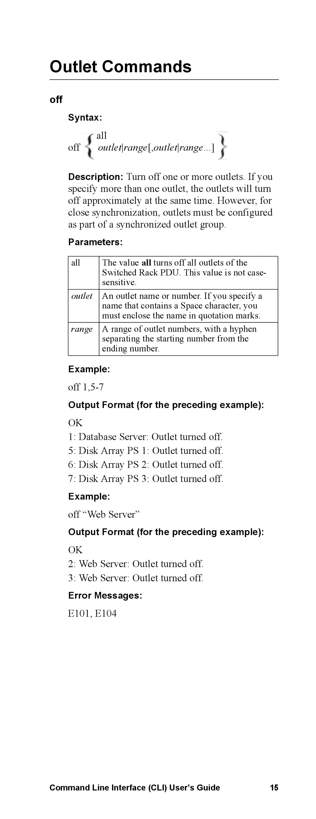 APC Command Line Interface manual Outlet Commands, Off outletrange,outletrange 