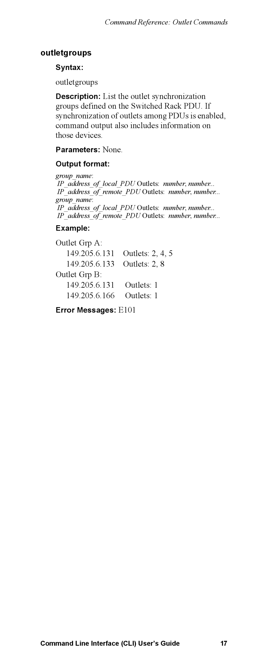 APC Command Line Interface manual Outletgroups 