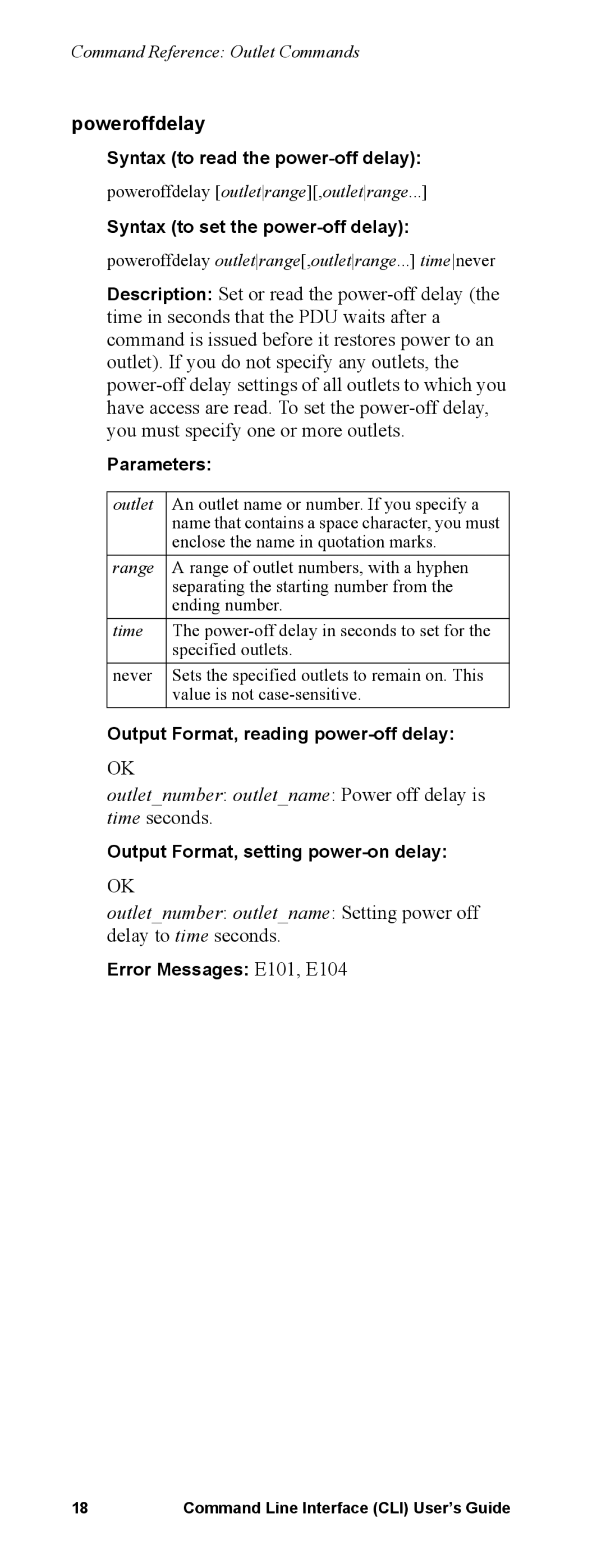 APC Command Line Interface manual Poweroffdelay, Outletnumber outletname Power off delay is time seconds 