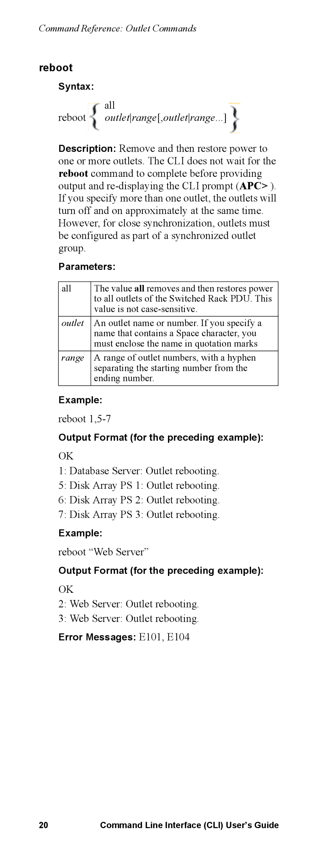 APC Command Line Interface manual Reboot outletrange,outletrange, Reboot 1,5-7, Reboot Web Server 