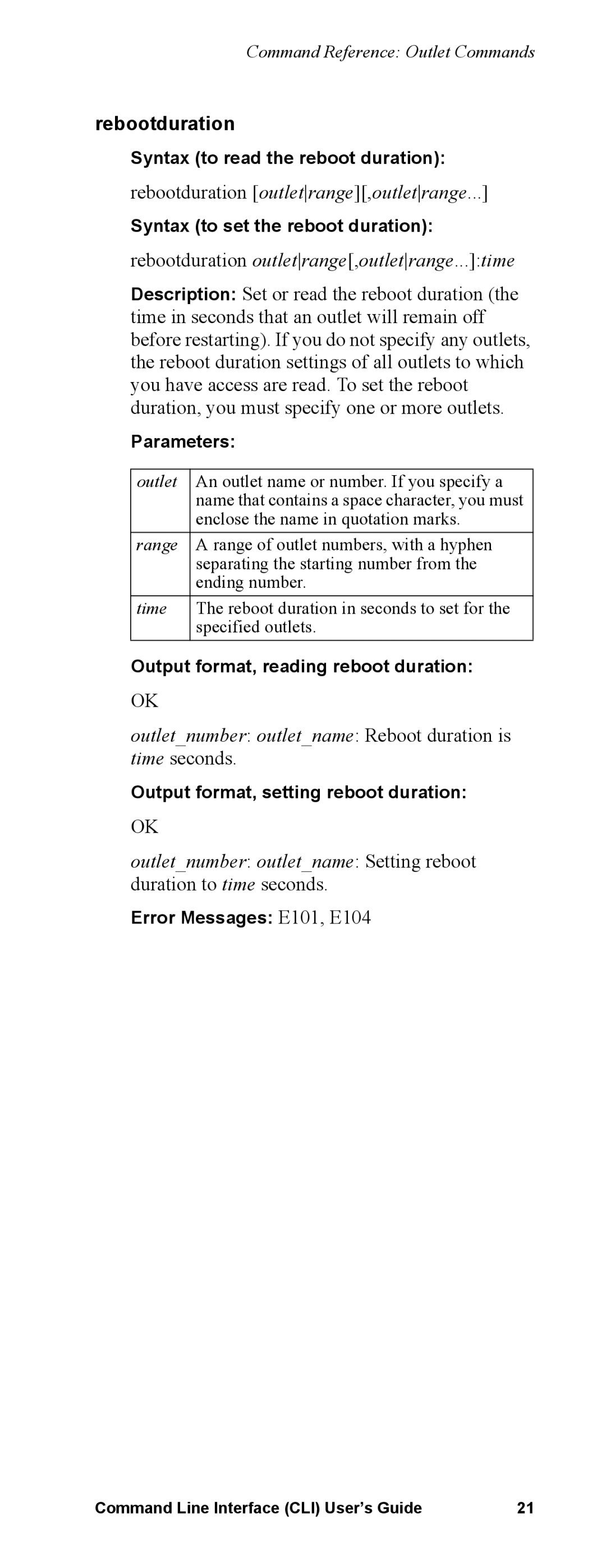 APC Command Line Interface manual Rebootduration outletrange,outletrange...time 