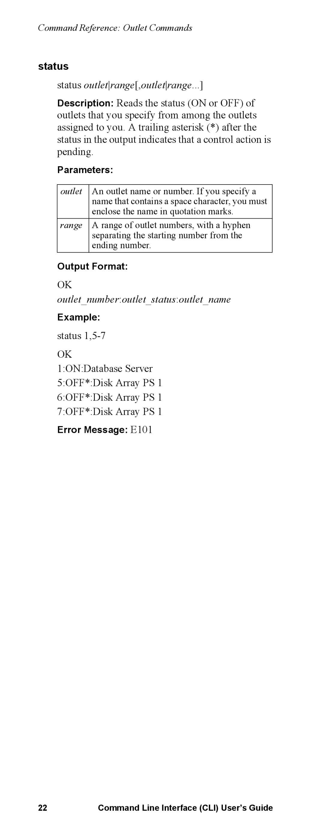 APC Command Line Interface manual Status outletrange,outletrange, Outletnumberoutletstatusoutletname 