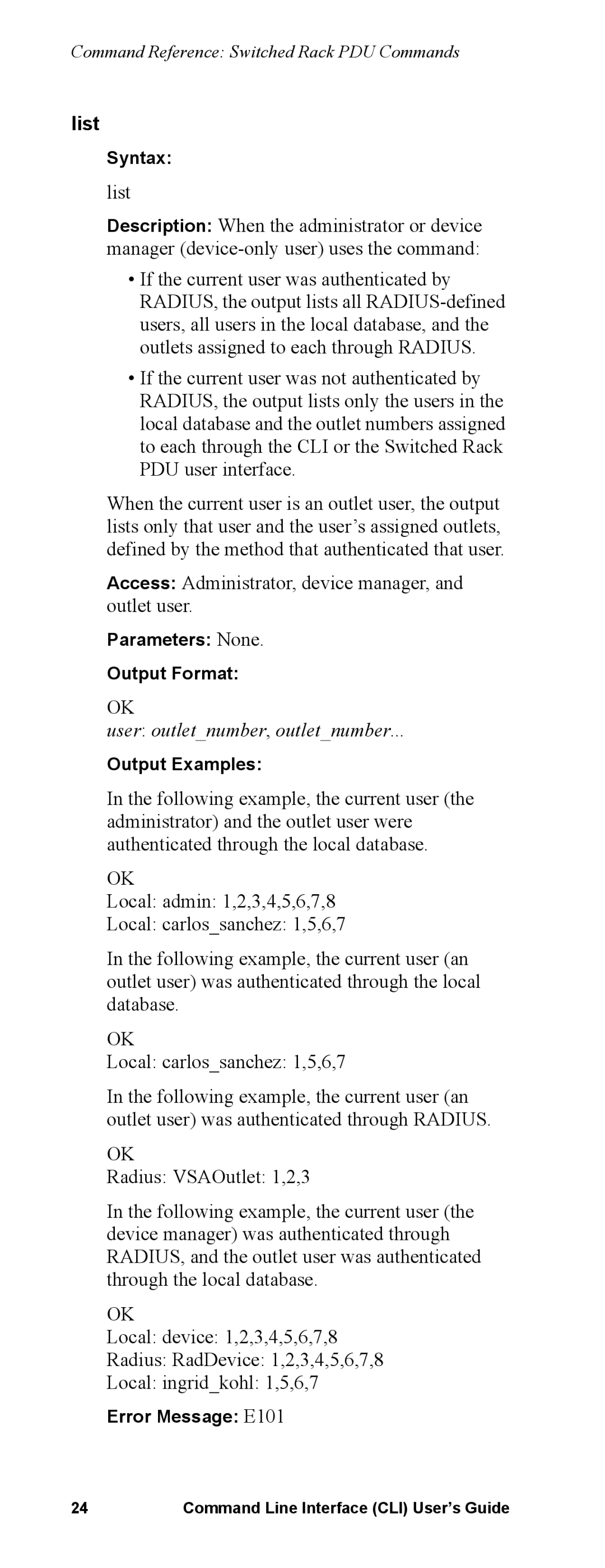 APC Command Line Interface manual List, User outletnumber, outletnumber 