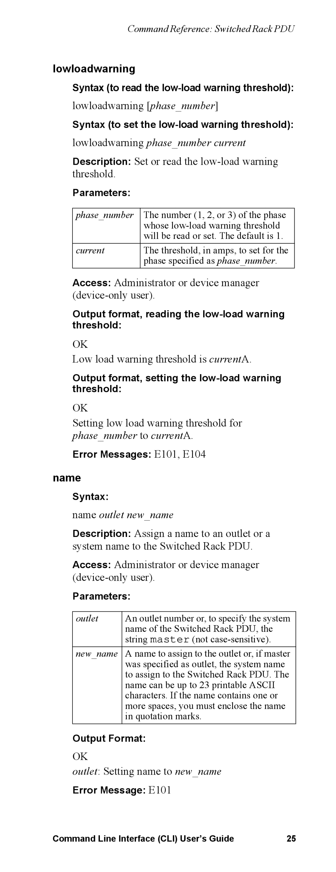 APC Command Line Interface manual Lowloadwarning phasenumber current, Name outlet newname 