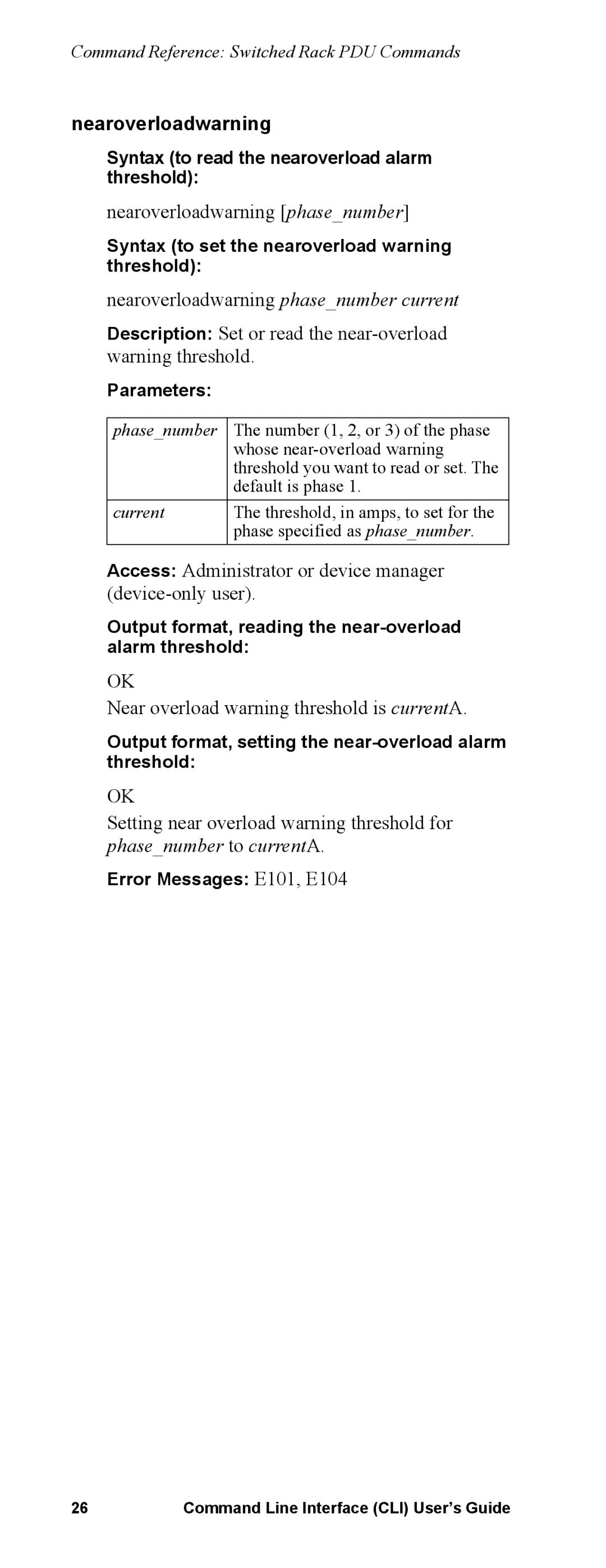 APC Command Line Interface manual Nearoverloadwarning phasenumber, Near overload warning threshold is currentA 