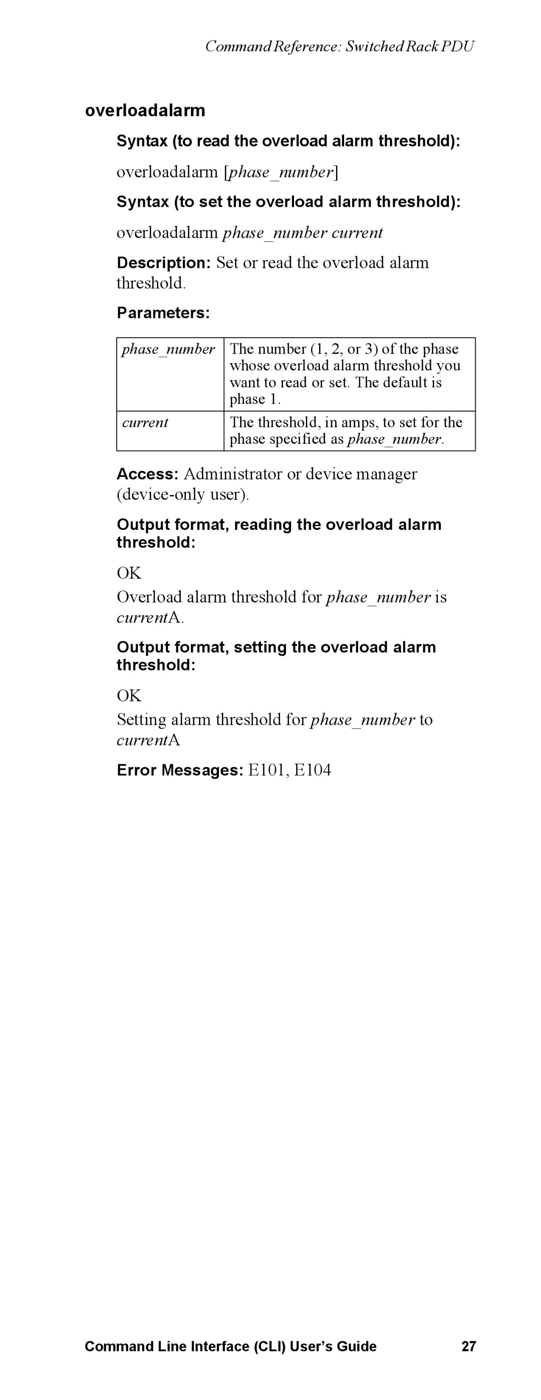 APC Command Line Interface manual Overloadalarm phasenumber current 