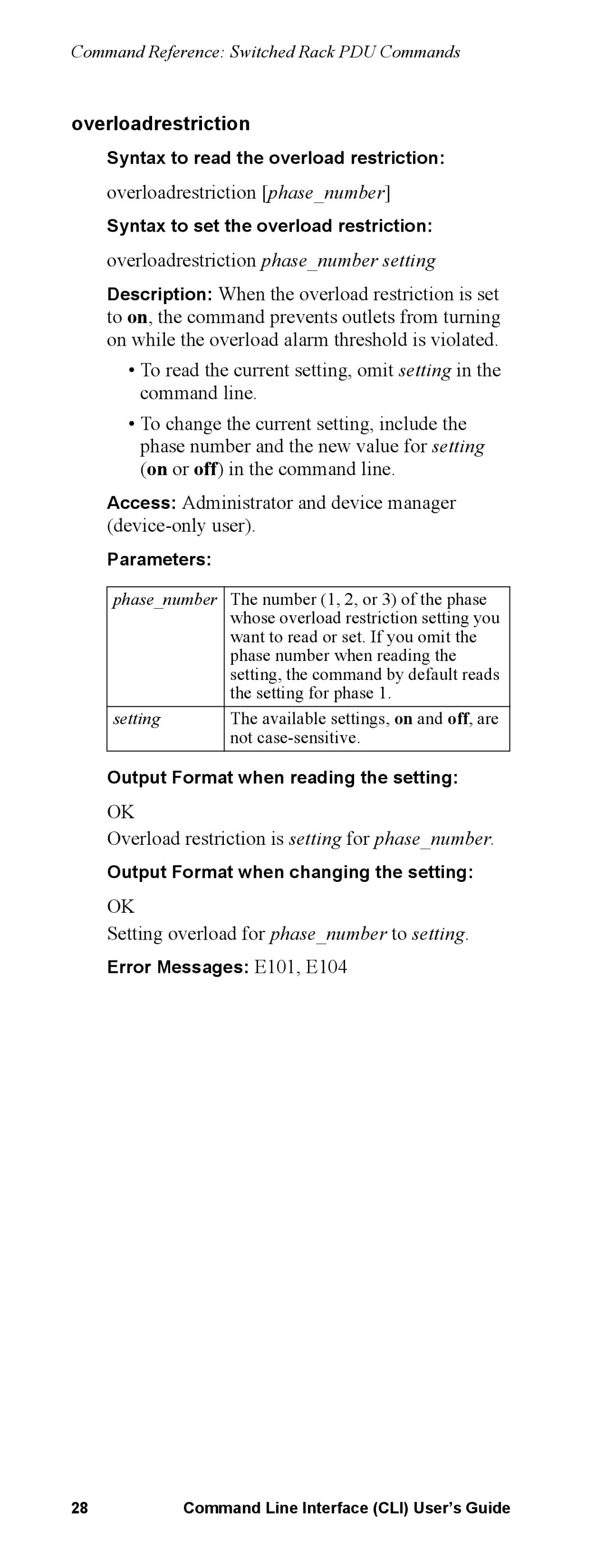 APC Command Line Interface manual Overloadrestriction phasenumber, Overload restriction is setting for phasenumber 