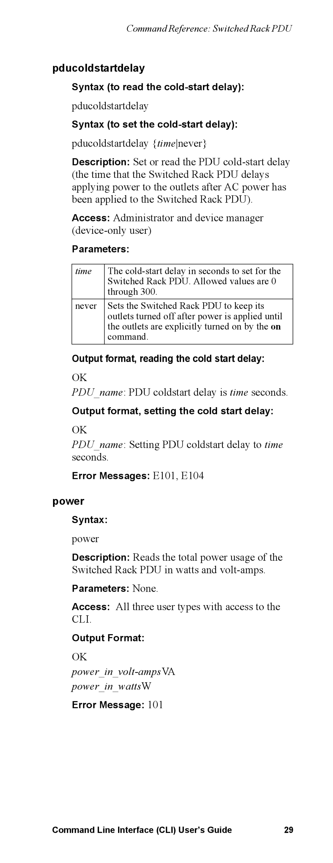 APC Command Line Interface manual Pducoldstartdelay, Powerinvolt-ampsVApowerinwattsW 