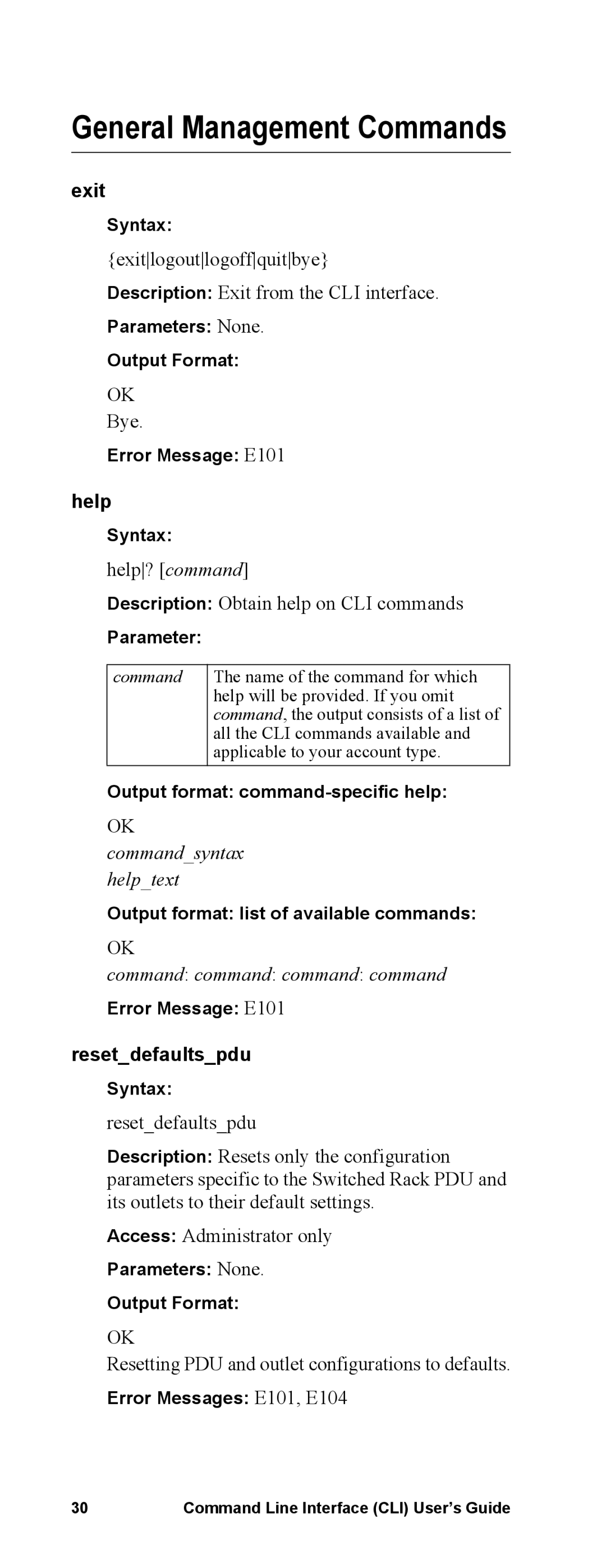 APC Command Line Interface manual General Management Commands, Exit, Help, Resetdefaultspdu 