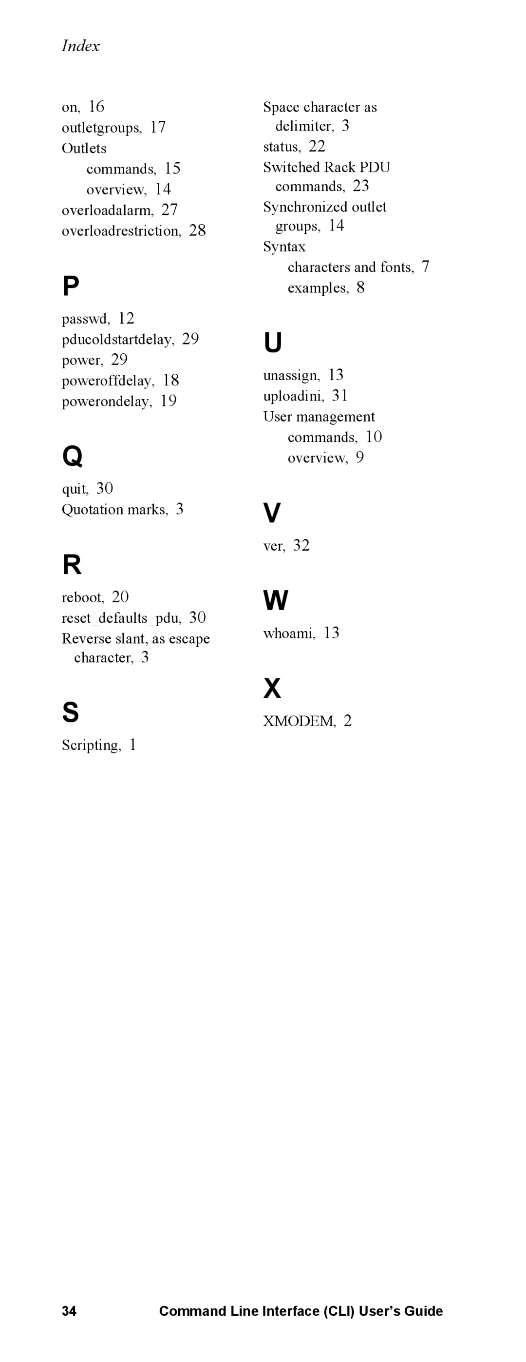 APC Command Line Interface manual Index, On, 16 outletgroups, 17 Outlets 