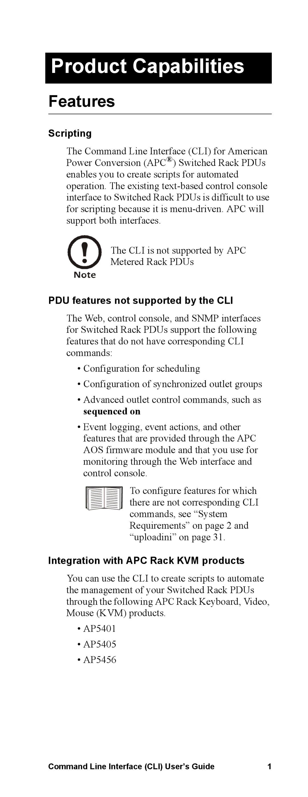 APC Command Line Interface manual Product Capabilities, Features, Scripting, PDU features not supported by the CLI 