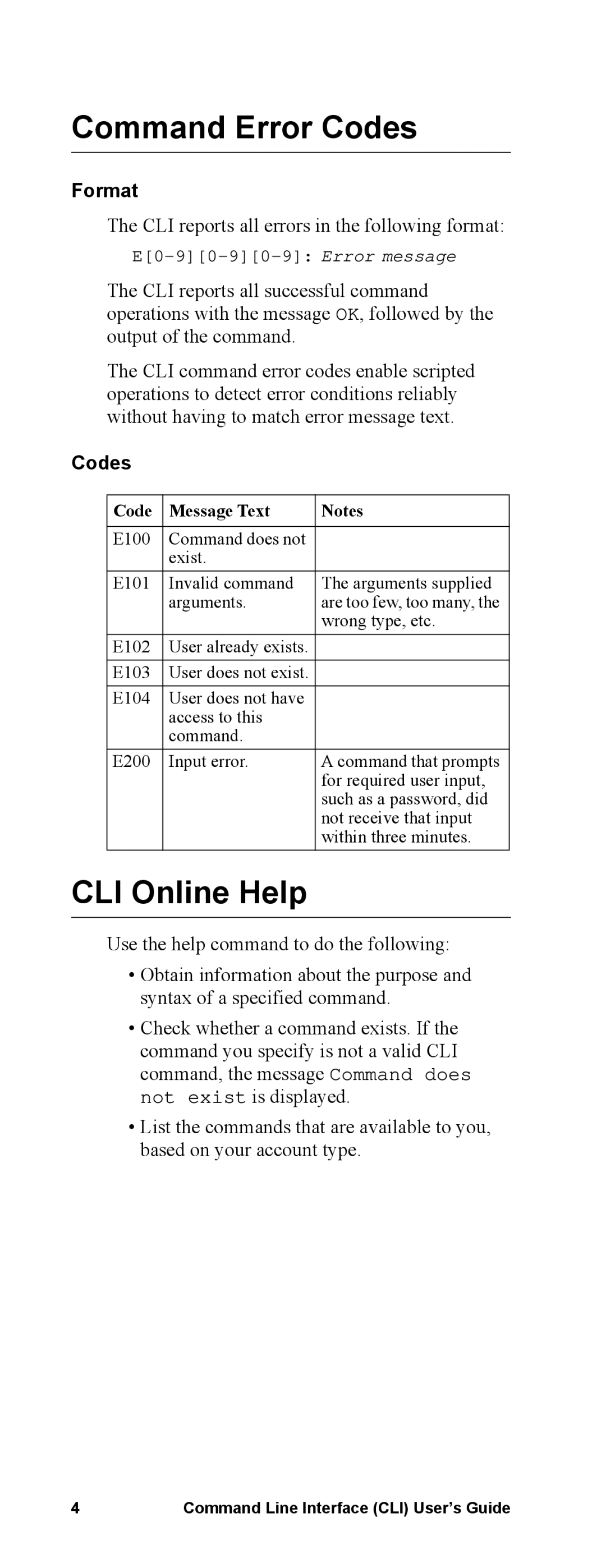 APC Command Line Interface Command Error Codes, CLI Online Help, Format, CLI reports all errors in the following format 