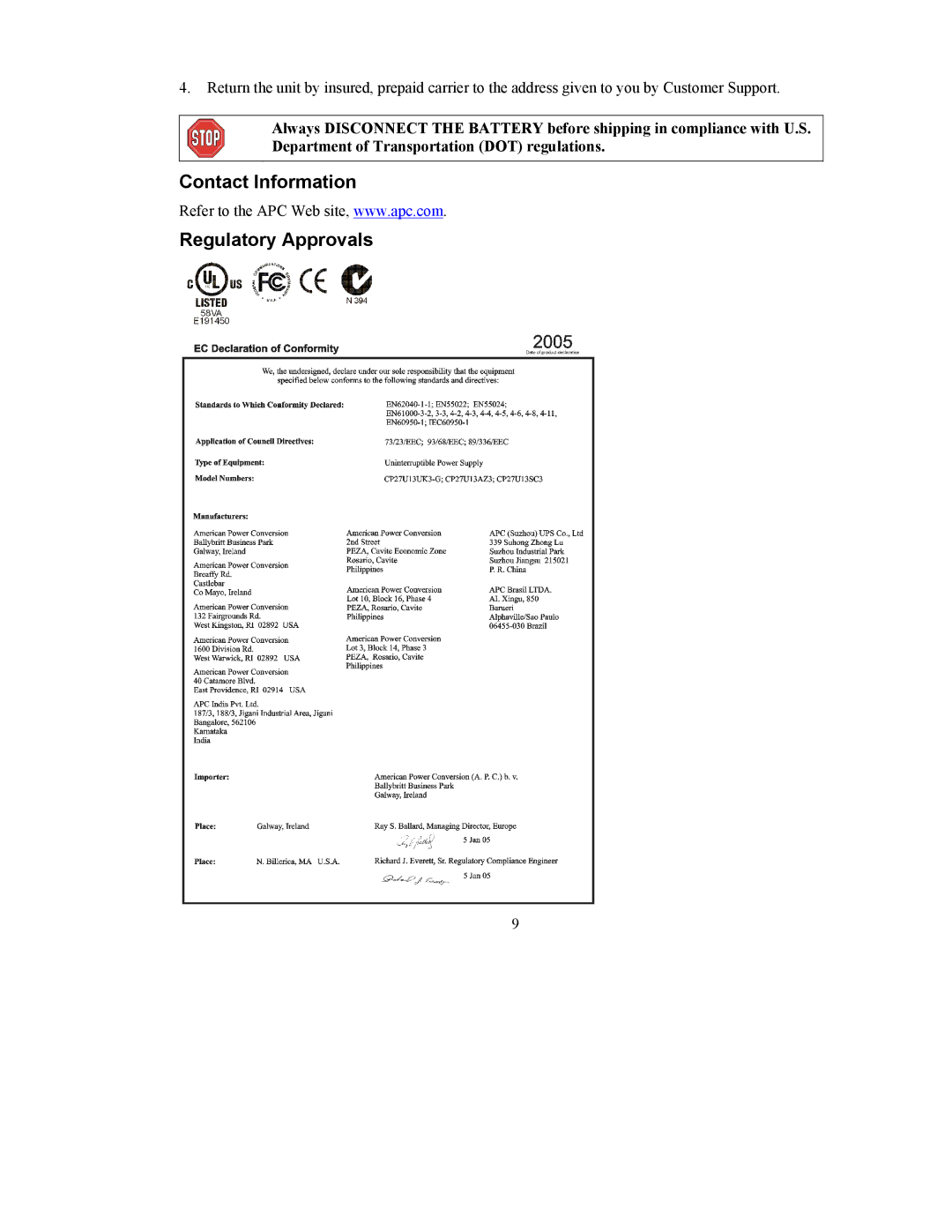 APC CP16, CP27 user manual Contact Information Regulatory Approvals 