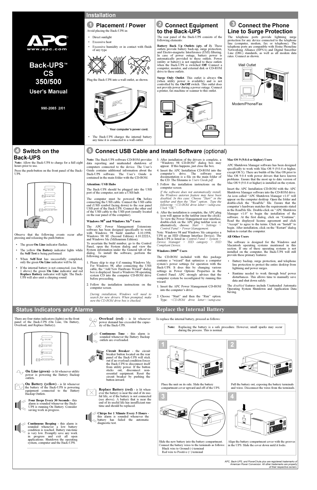 APC CS 350, CS 500 user manual Installation, User’s Manual, Status Indicators and Alarms 