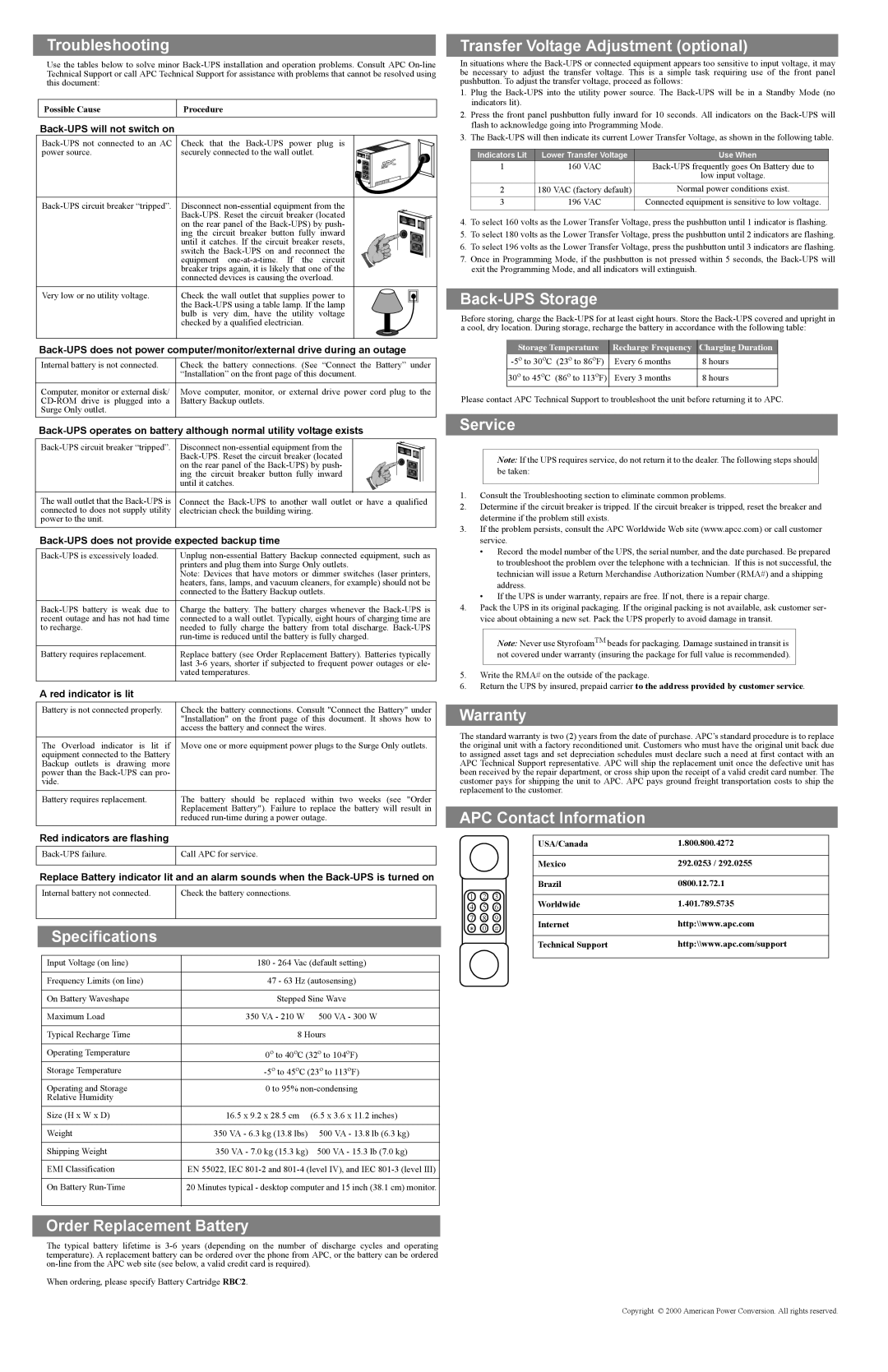 APC CS 500 Troubleshooting, Specifications, Order Replacement Battery, Transfer Voltage Adjustment optional, Service 