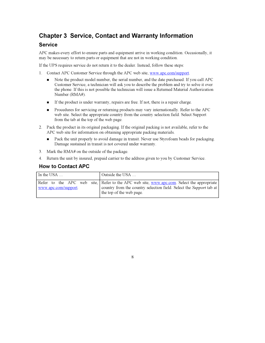 APC CTEP0-120 user manual Service, Contact and Warranty Information, How to Contact APC 