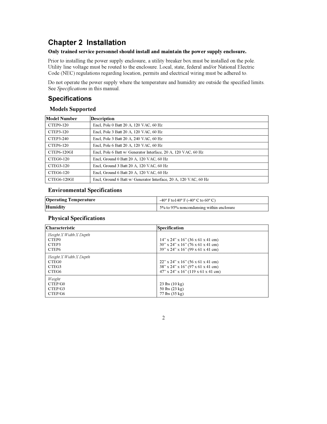 APC CTEP0-120 user manual Installation, Models Supported, Environmental Specifications, Physical Specifications 